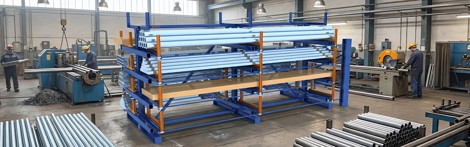 Chain drive mechanism detail on a telescopic cantilever rack upright