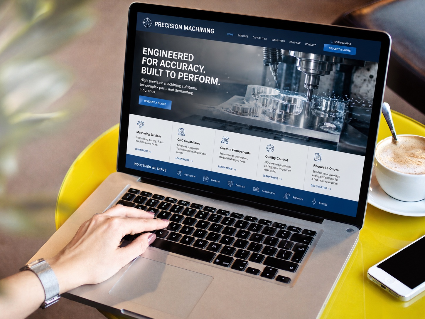 精密机加工官网脱敏项目视觉，展示 CNC 能力、加工服务、质量控制、适用行业和报价路径。